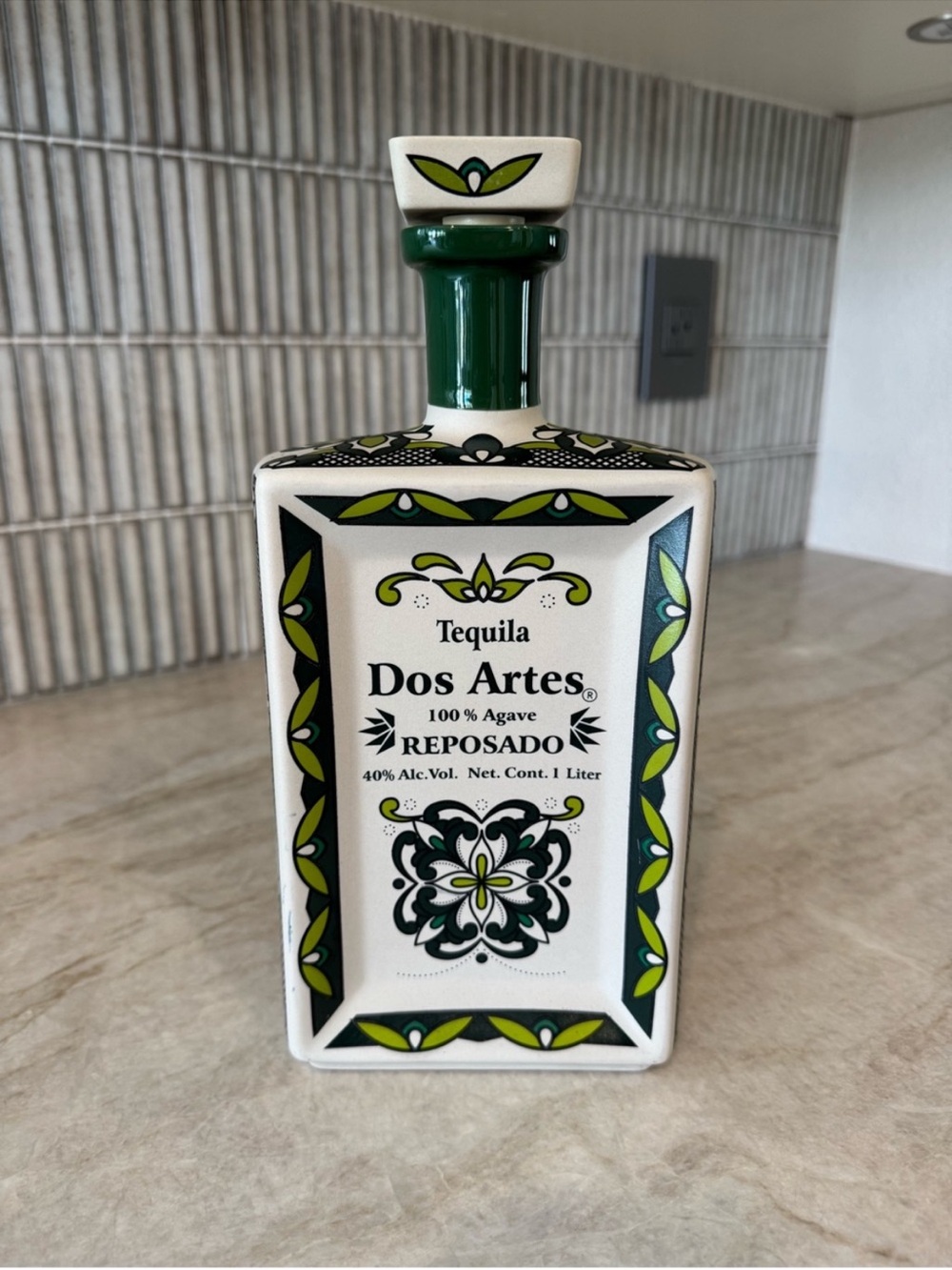 Tequila Reposado Decorative Bottle - Green & White Empty Dos Artes 1l